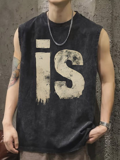 Men's Urban Streetwear Muscle Shirt with Vintage Lettering and Sleeveless Design – Modern Statement Tank Top