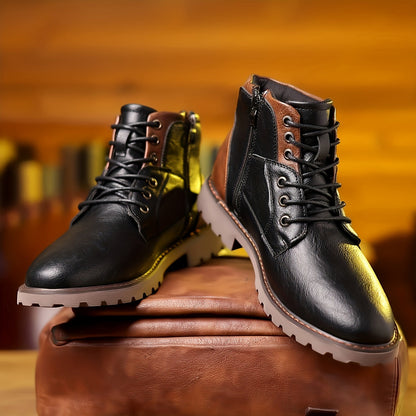 Herren Worker Boots Braun Schnürstiefeletten mit Reißverschluss & Profilsohle