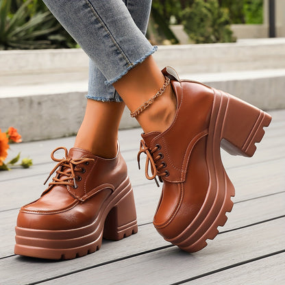 Women's platform lace-up shoes retro style with block heel – fashionable casual shoes for everyday and going out
