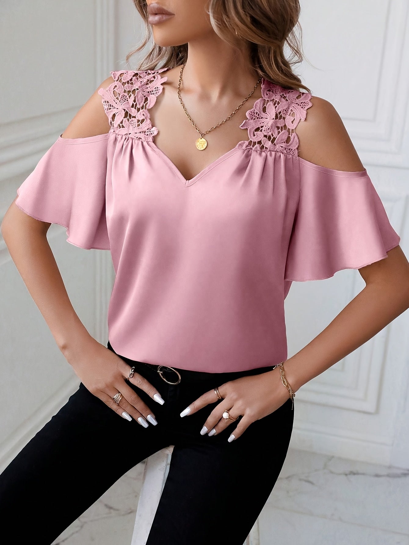Women's cold-shoulder blouse with lace trim and flounce sleeves – elegant feminine look for office & leisure
