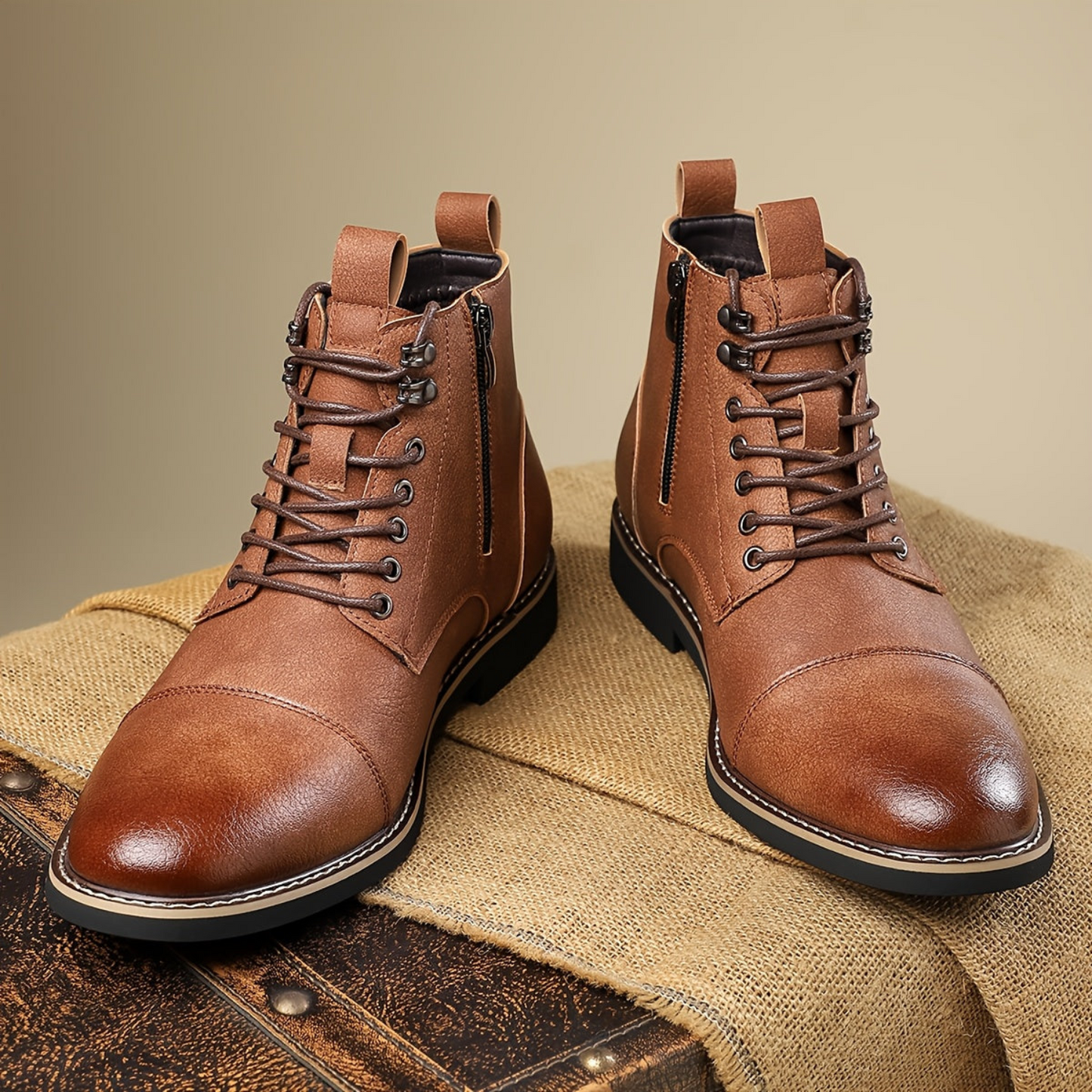 Herren Stiefel Schnürschuhe mit Reißverschluss und Zehenkappe