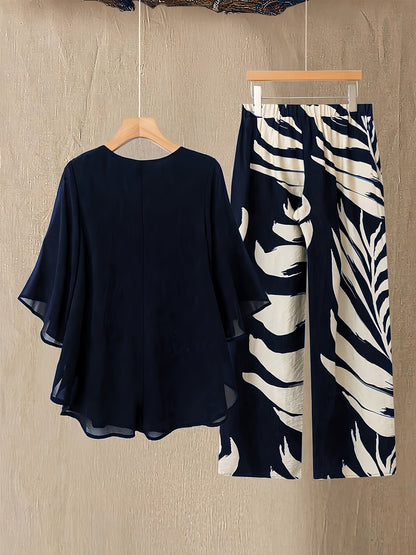 Damen Zweiteiler Set Elegant – Weite Hose mit Tropenmuster und Lockeres Blusenshirt, Modisch für Urlaub & Sommer