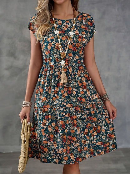 Women's summer dress with floral pattern – casual & vacation, A-line dress, knee-length, short sleeve