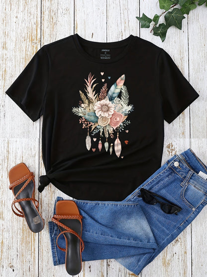 Women's T-Shirt with Floral Feather Graphic – Casual Summer Style