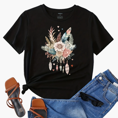 Women's T-Shirt with Floral Feather Graphic – Casual Summer Style