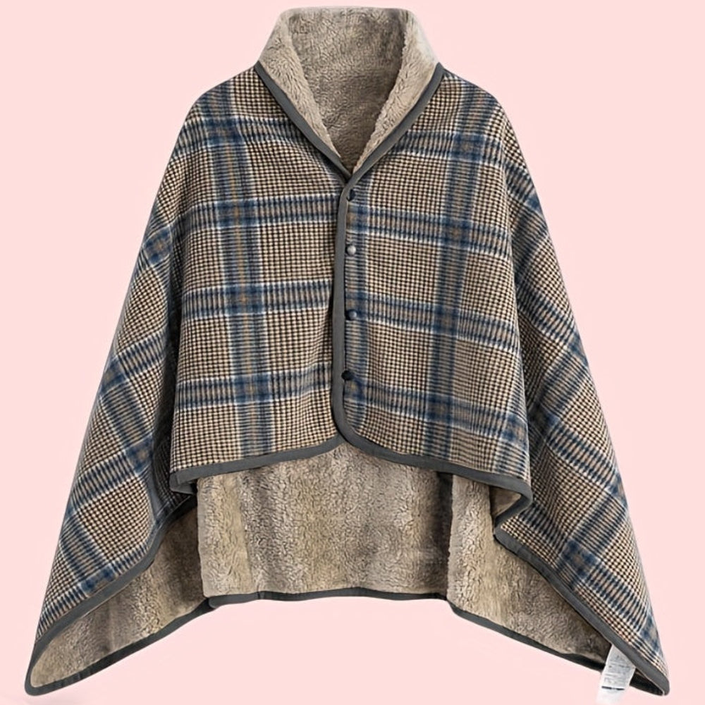 Women's Plaid Snap Button Fleece-Lined Poncho Cape