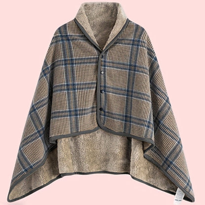 Women's Plaid Snap Button Fleece-Lined Poncho Cape