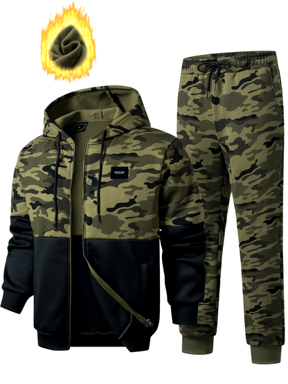 Men's camouflage tracksuit set, hooded jacket & pants, khaki green