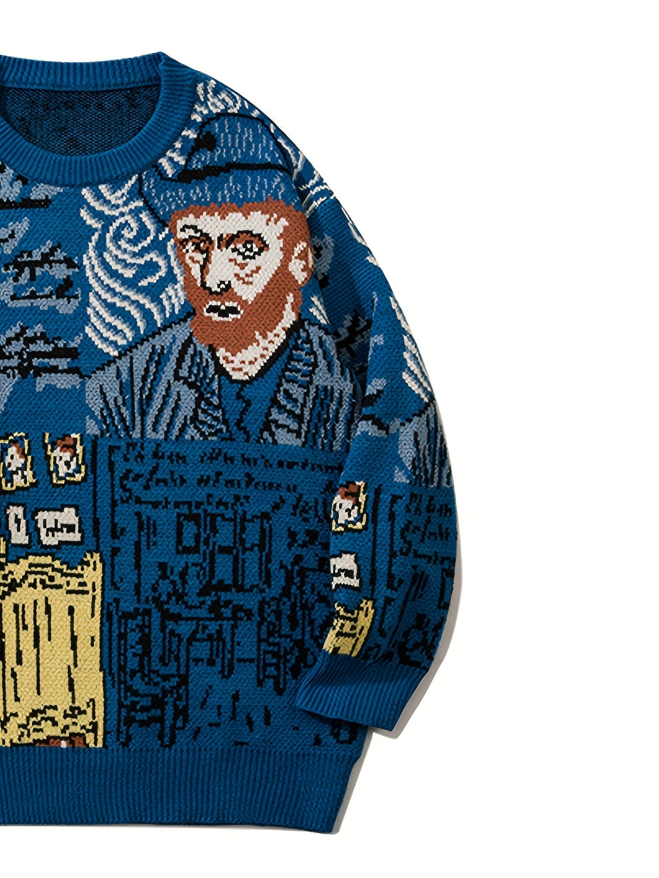 Strickpullover mit Kunstmotiv, Rundhalsausschnitt, Blau, Unisex