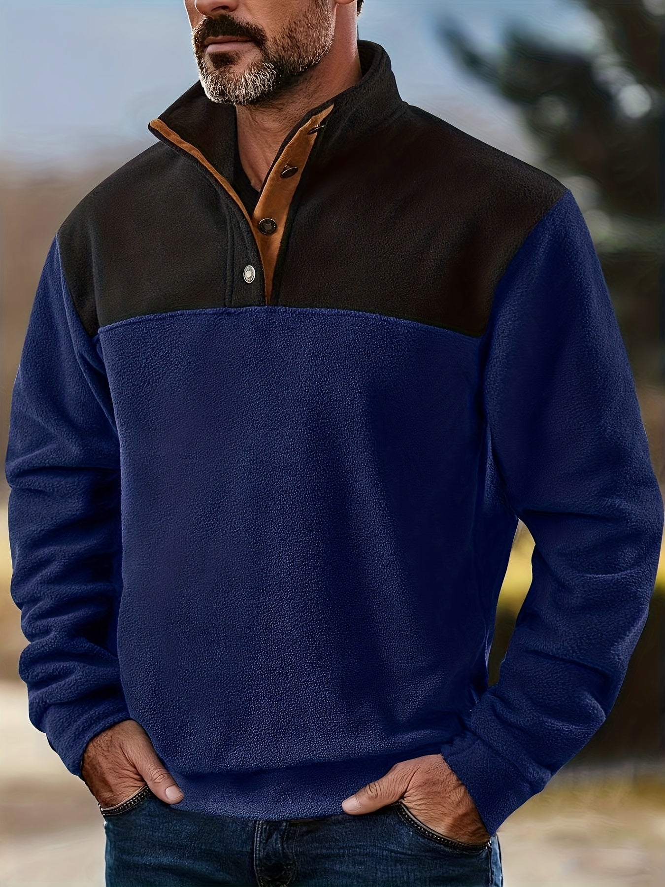 Herren Fleece-Pullover Stehkragen Knopfleiste Patchwork Outdoor
