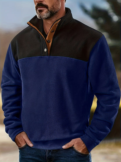Herren Fleece-Pullover Stehkragen Knopfleiste Patchwork Outdoor