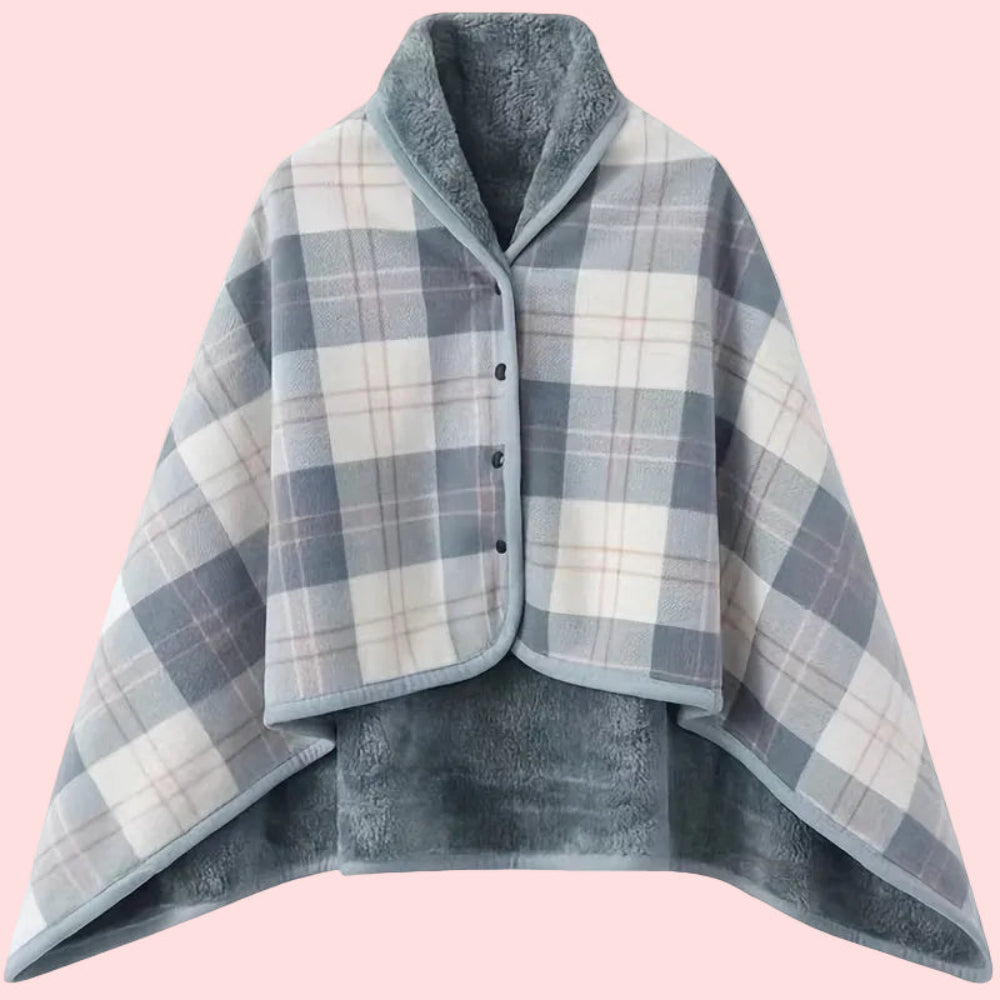 Women's Plaid Snap Button Fleece-Lined Poncho Cape