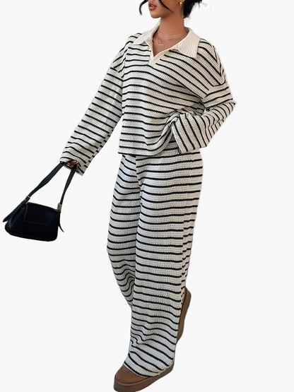 Women's Knit Two-Piece Set – Striped Casual Look for Autumn & Winter, Elegant & Comfortable