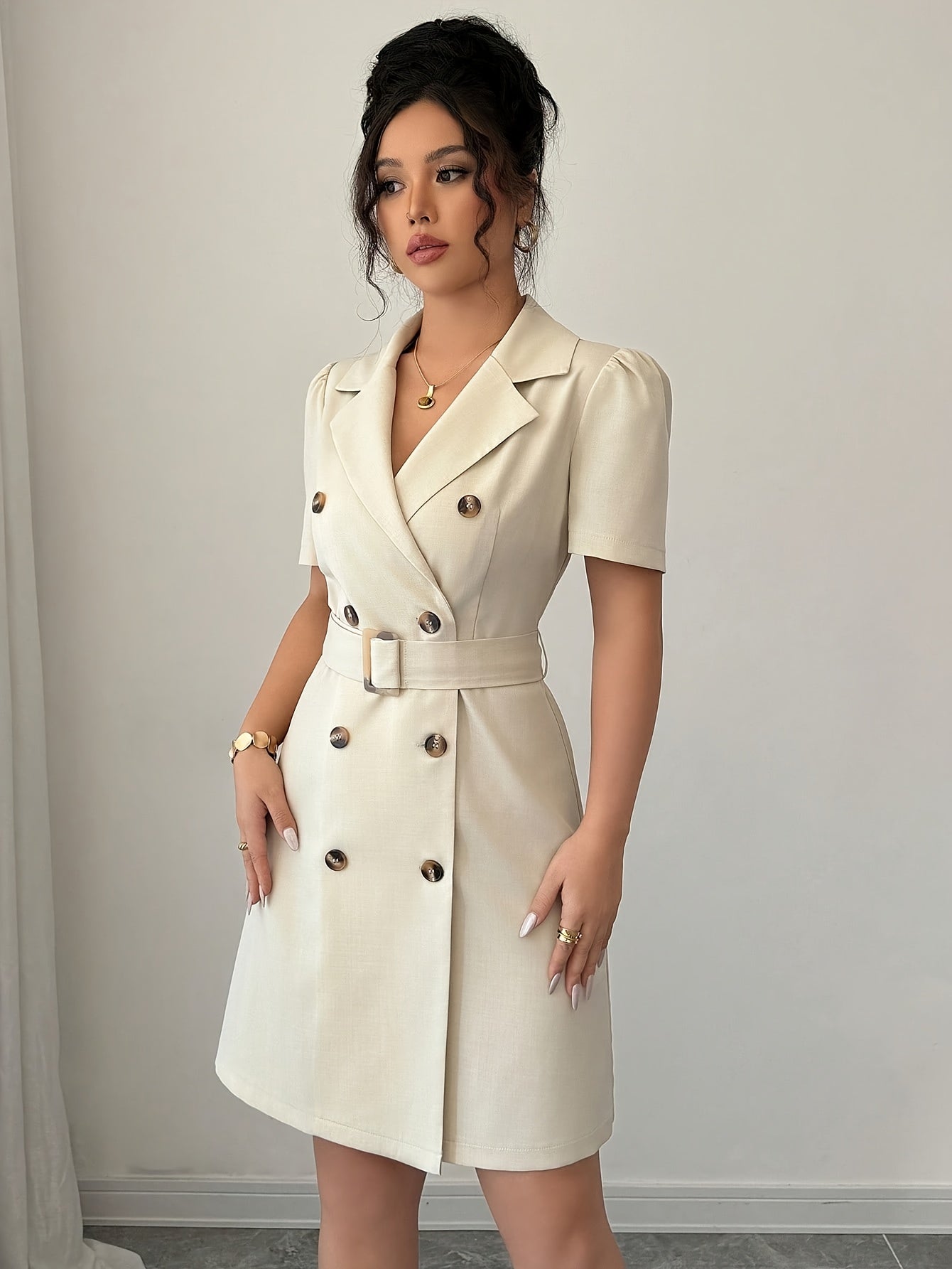 Women's Elegant Blazer Dress with Belt and Short Sleeves – Business & Occasion Wear