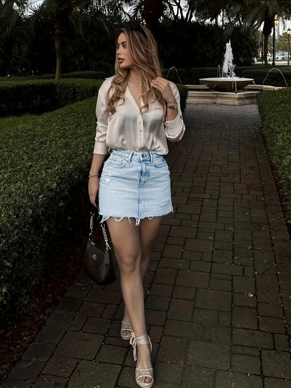 Women's Elegant Street Style Blouse Shirt and Denim Skirt Set – Fashionable Summer Look for Everyday and Leisure