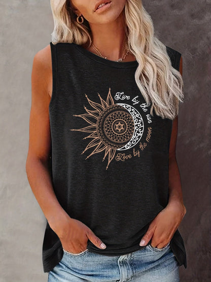 Women's Boho-Style Tank Top with Sun and Moon Print – Summer Casual Shirt