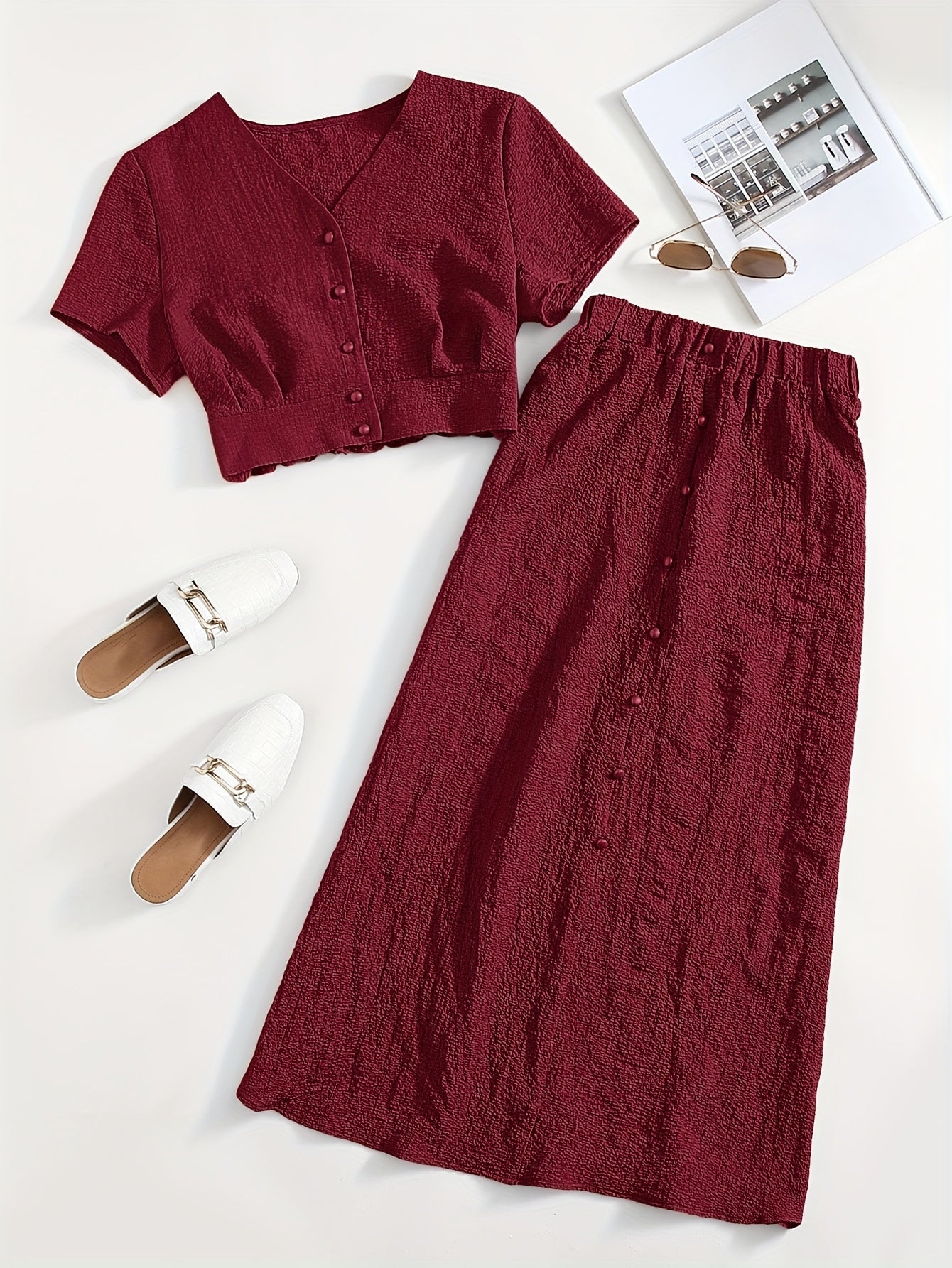 Women's Two-Piece Set – Elegant Button-Down Crop Top & Midi Skirt for Everyday and Leisure
