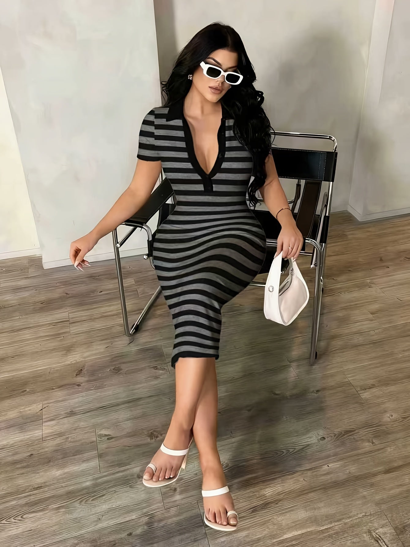 Women's Polo Midi Dress in Bodycon Style with Stripes – Elegant Casual Look for Everyday and Going Out