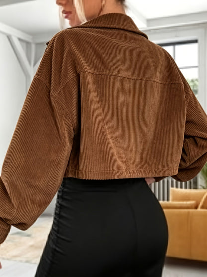 Short women's corduroy jacket with a collar and chest pockets