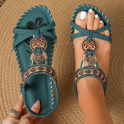 Women's Boho Sandals with Decorative Jewelry and Elastic Ankle Strap – Comfortable Summer Shoes for Casual Wear and Vacation