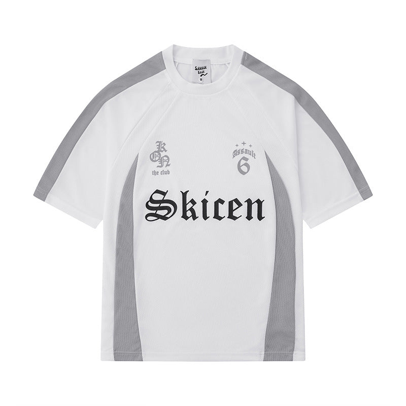 Men's Hip Hop Streetwear T-Shirt with Letter Print and Contrast Stripes – Urban Style Short Sleeve Shirt