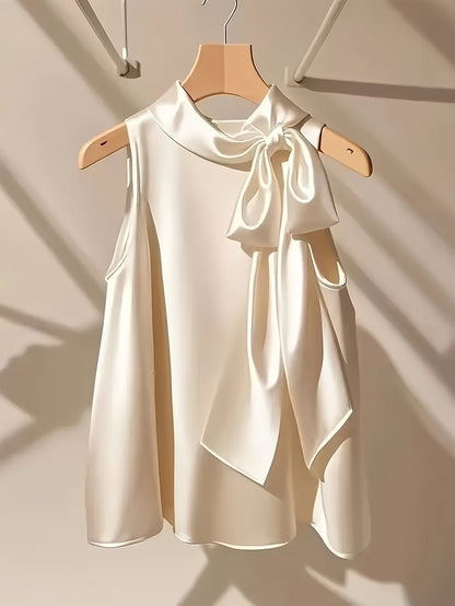 Women's Elegant Sleeveless Blouse with Bow and Stand Collar – Perfect for Going Out or Office