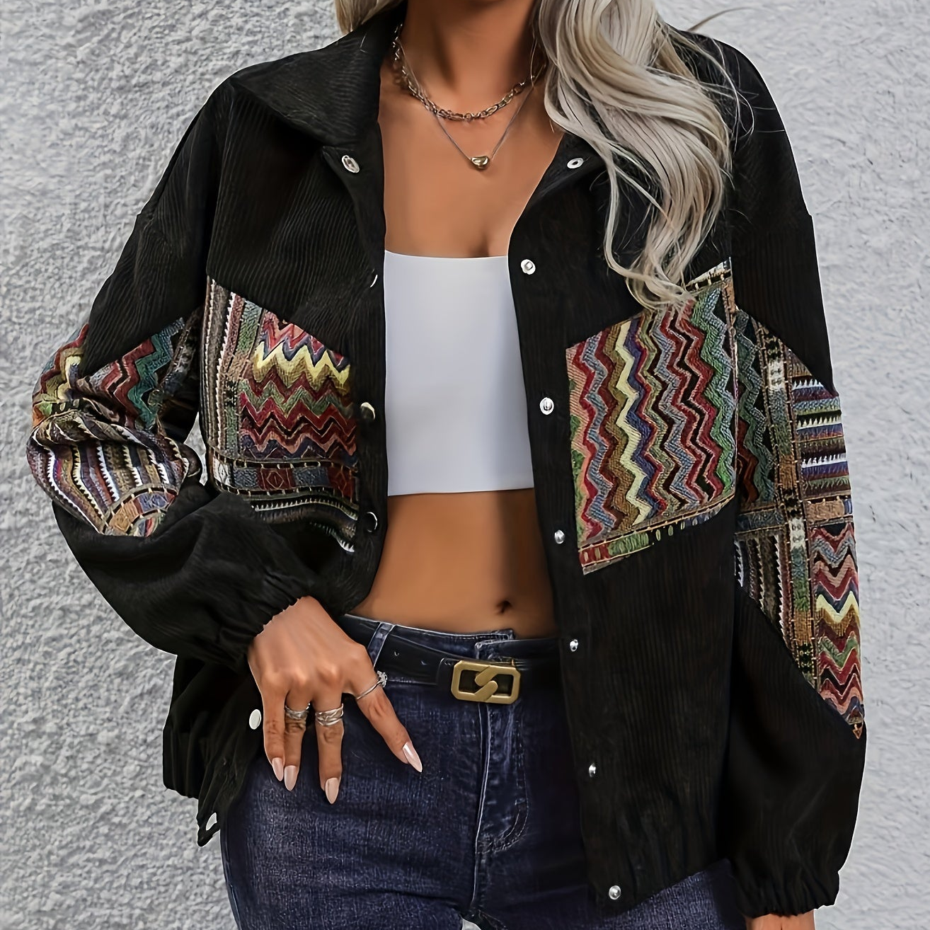 Women's corduroy jacket with ethnic pattern, lapel collar, button placket