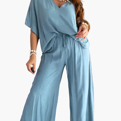 Women's Loose Lounge Pants & V-Neck Blouse Set – Elegant Casual Outfit for Everyday and Vacation