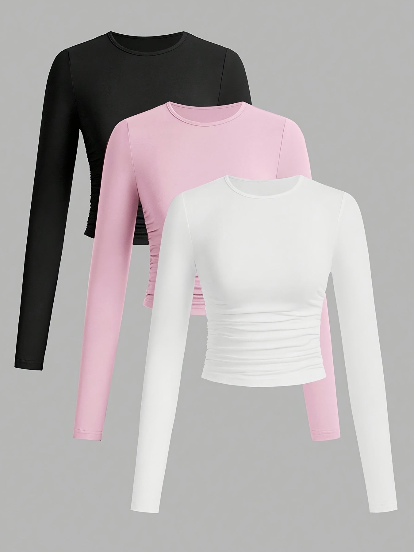 3er Pack Langarmshirt mit Rundhals und Raffung