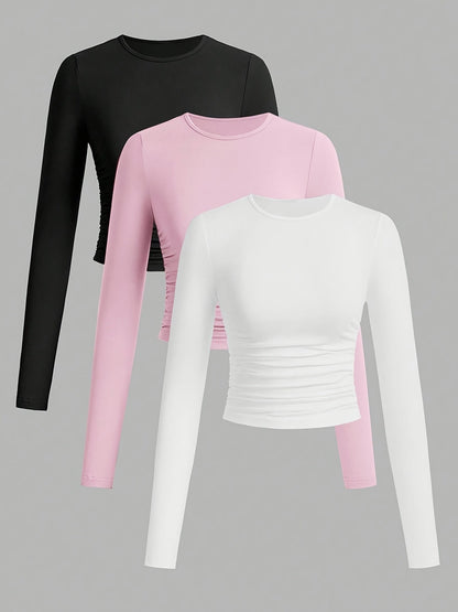 3er Pack Langarmshirt mit Rundhals und Raffung