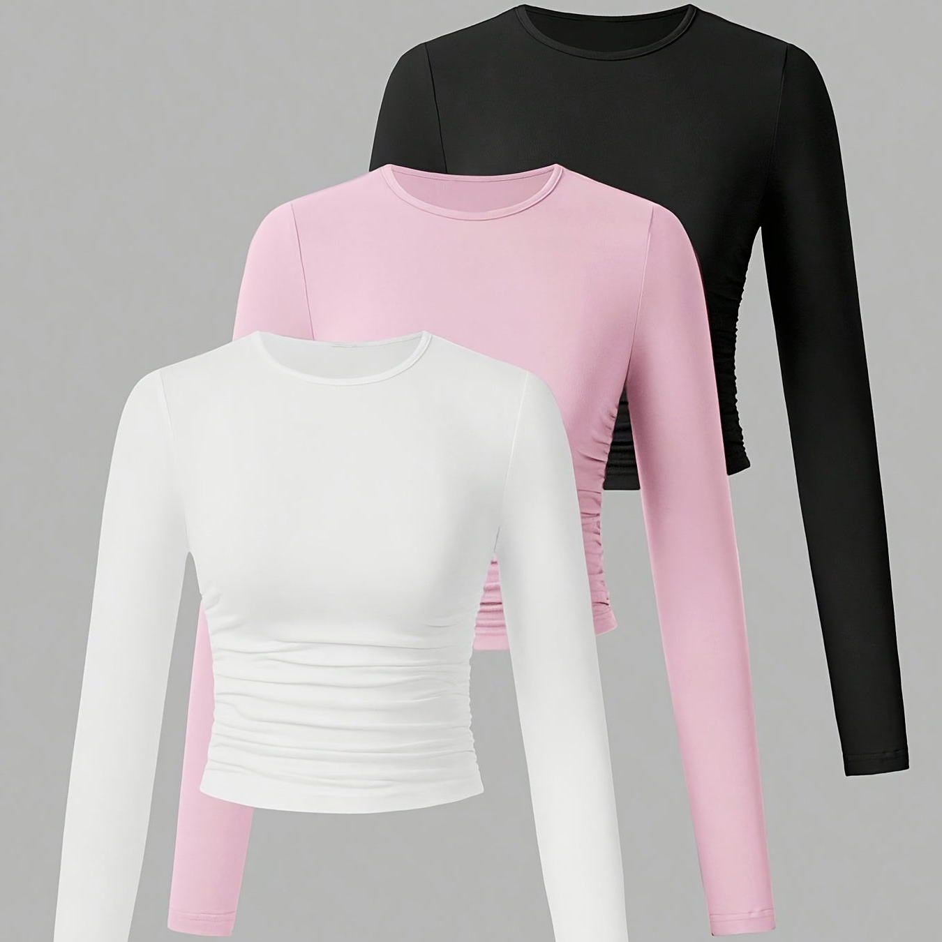 3er Pack Langarmshirt mit Rundhals und Raffung
