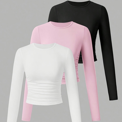 3er Pack Langarmshirt mit Rundhals und Raffung