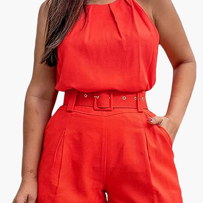 Women's Elegant Two-Piece Shorts Set – Sleeveless Top with Belt for Spring and Summer