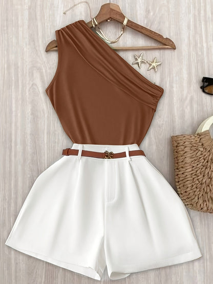 Women's One-Shoulder Elegant Summer Outfit Set – Stylish Shorts and Top for Leisure and Vacation