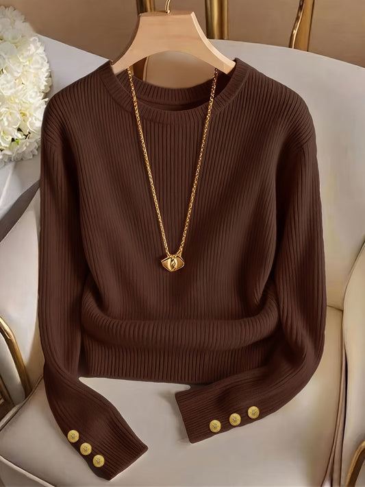 Damen Rippstrick Pullover Langarm Rundhals mit Knöpfen