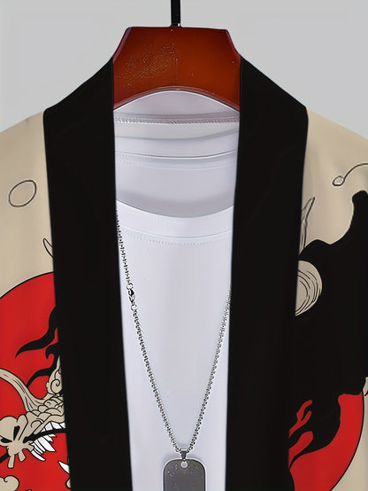 Men's Kimono Cardigan with Japanese Dragon Print – Streetwear Style, Open Jacket for Leisure and Everyday Wear