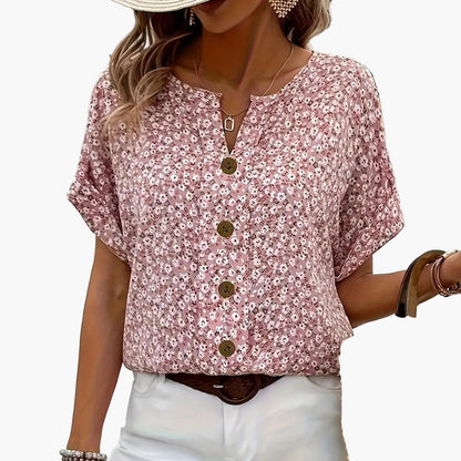 Women's Short-Sleeve Blouse with Floral Pattern and Button Placket – Elegant Summer Fashion for Everyday & Leisure