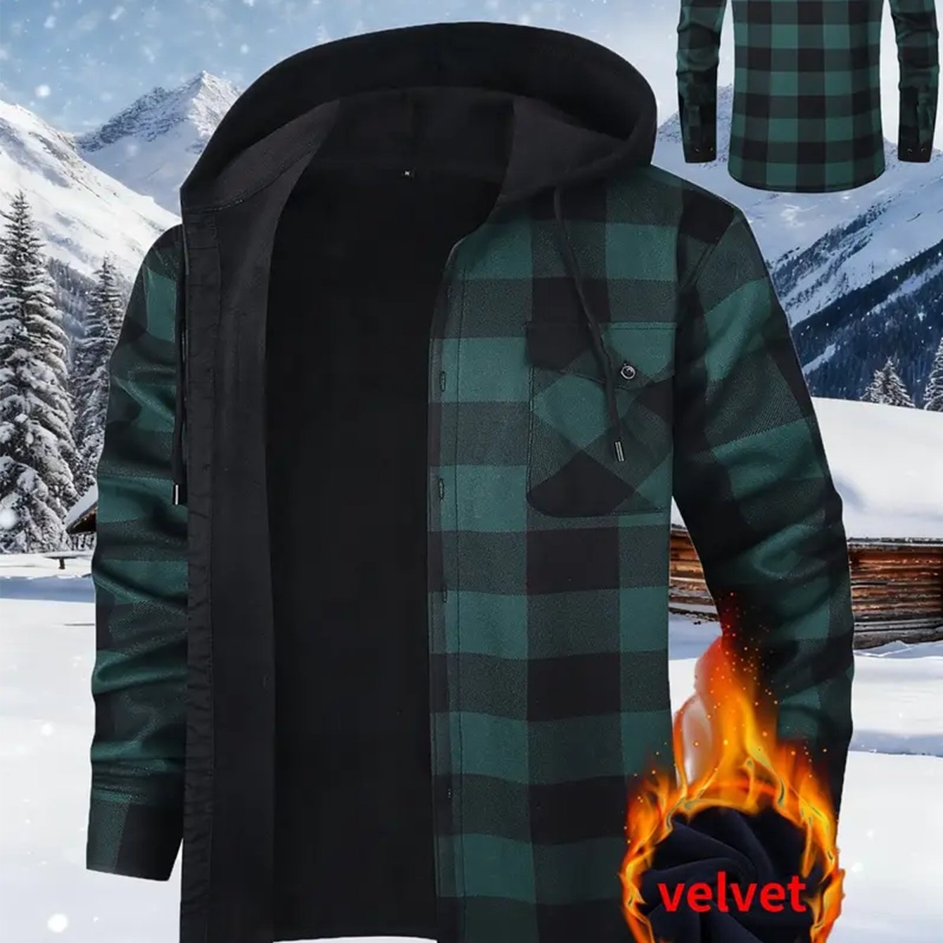 Men's checked flannel shirt with hood, lined, warm casual jacket, long sleeve