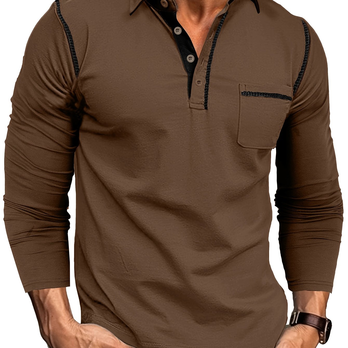 Men's long-sleeve polo shirt with chest pocket and contrast stitching
