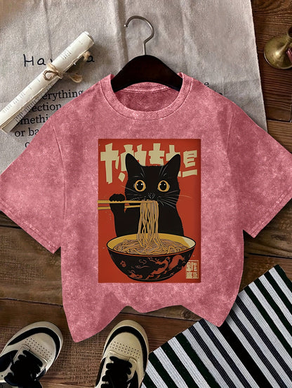 Women's Vintage T-Shirt with Cat and Ramen Print – Funny Graphic Shirt for Casual and Streetwear