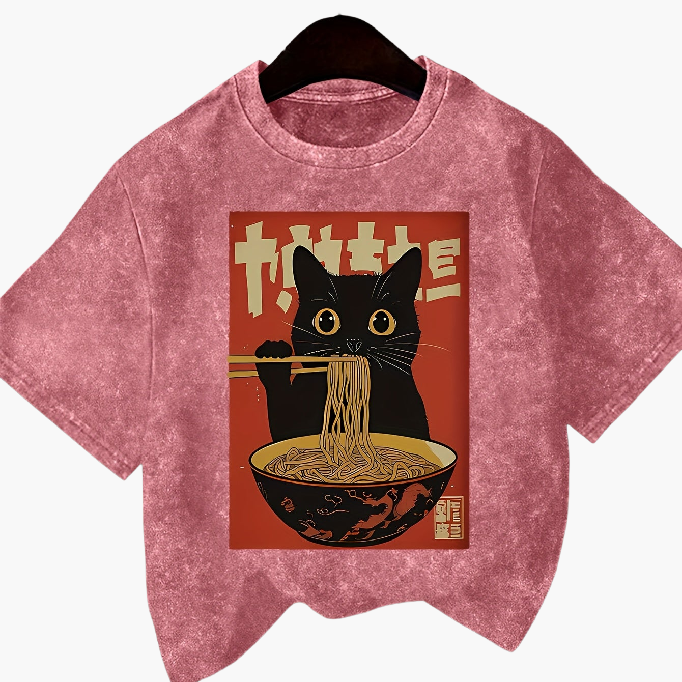 Women's Vintage T-Shirt with Cat and Ramen Print – Funny Graphic Shirt for Casual and Streetwear