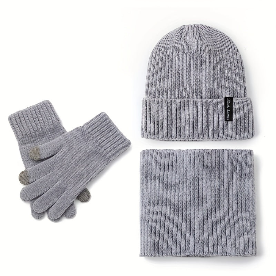 Rib-knit beanie, infinity scarf, and gloves set, black, winter, men’s and women’s