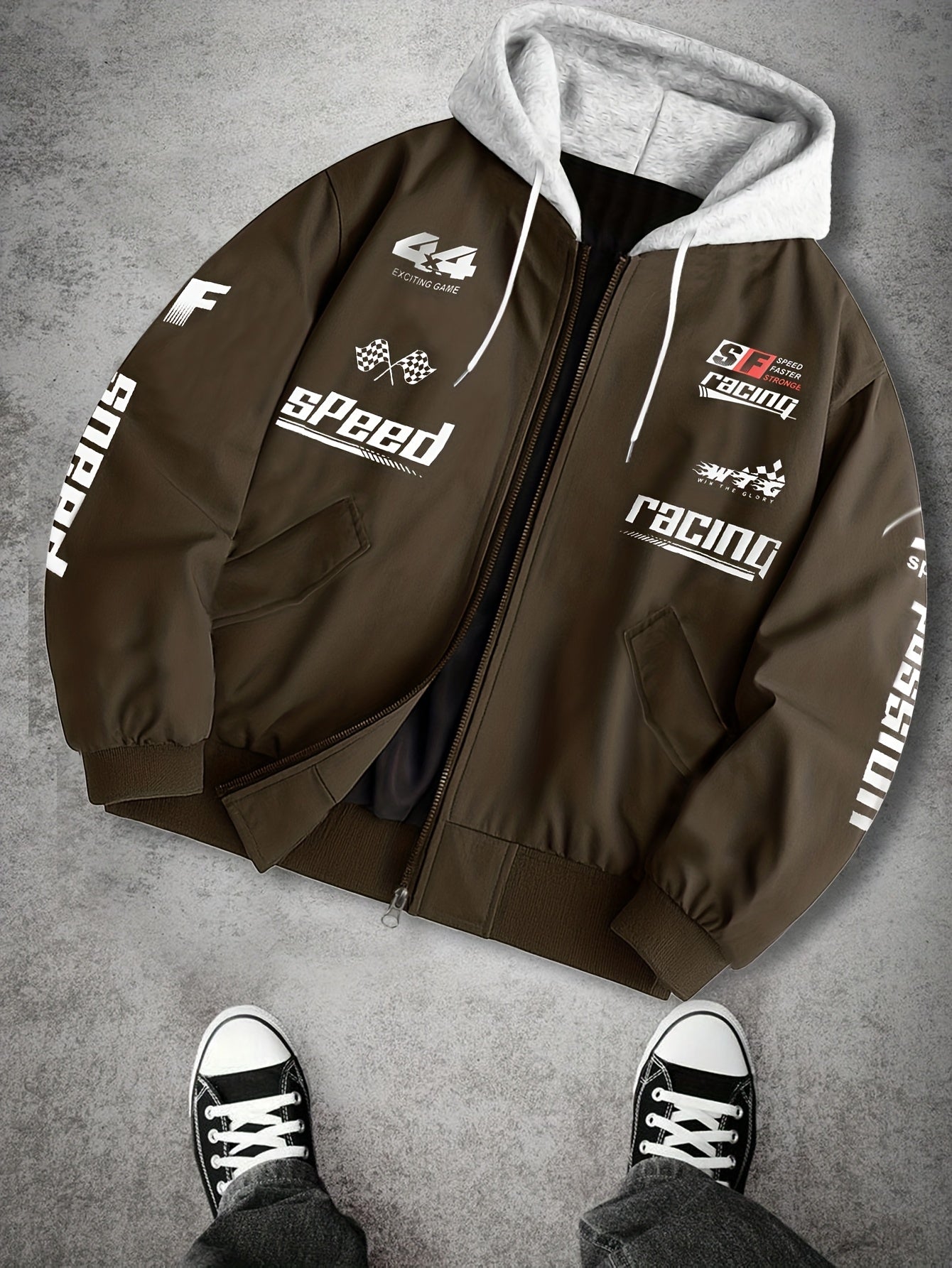 Men's hooded bomber jacket with racing print, zip-up windbreaker