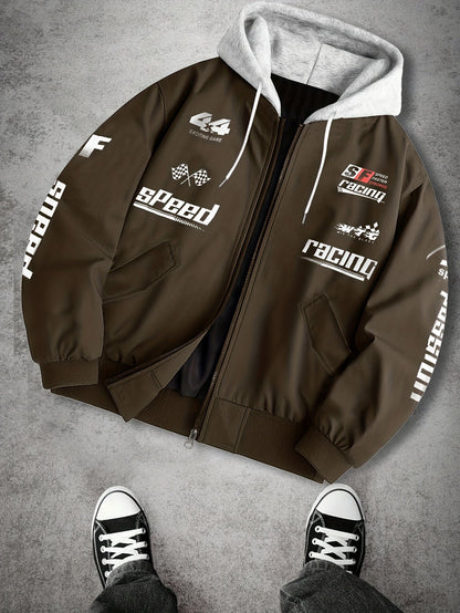 Men's hooded bomber jacket with racing print, zip-up windbreaker
