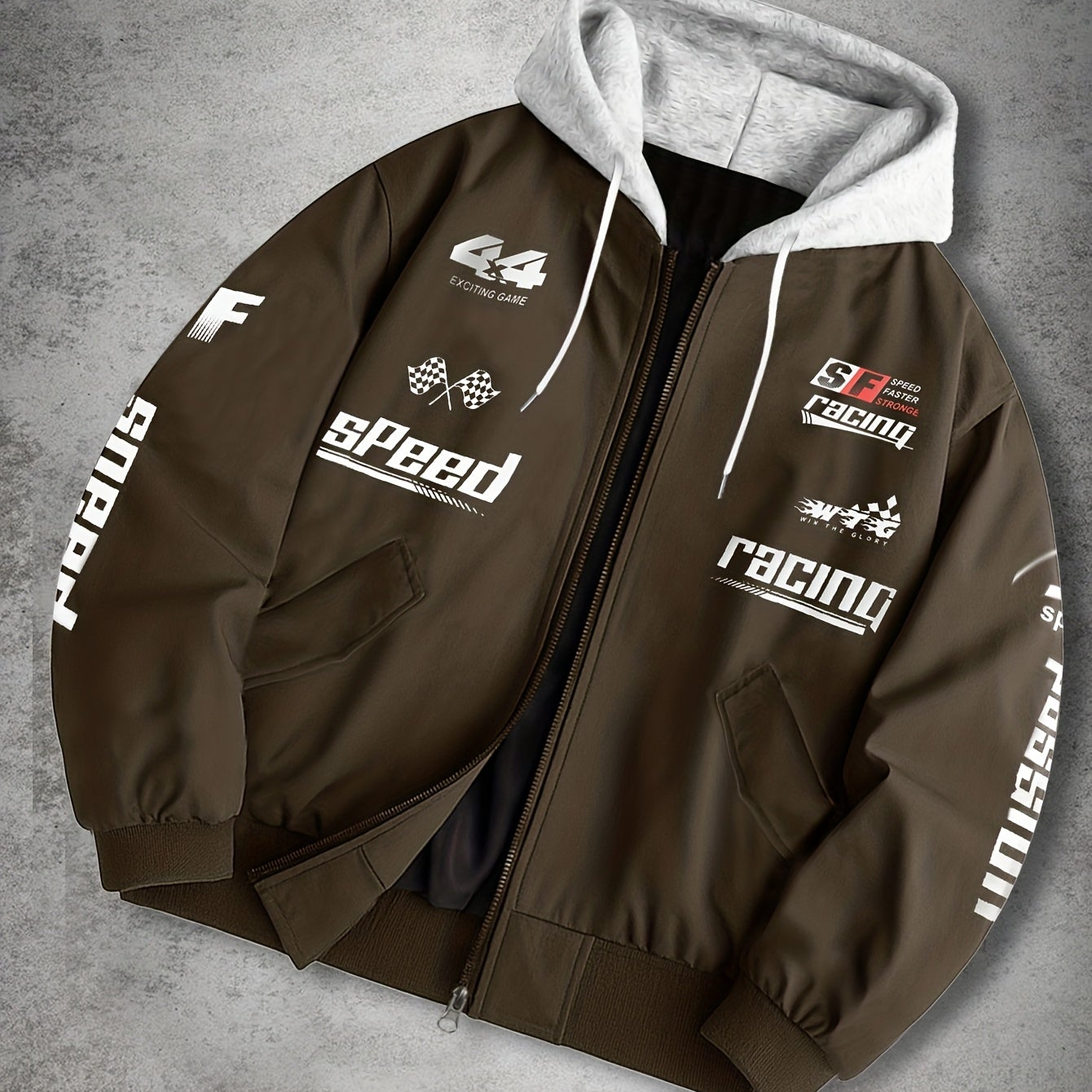 Men's hooded bomber jacket with racing print, zip-up windbreaker