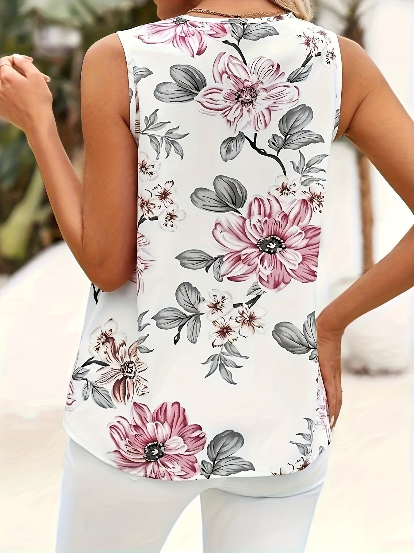 Women's Elegant Sleeveless Blouse with Floral Pattern and V-Neck – Perfect for Summer and Leisure