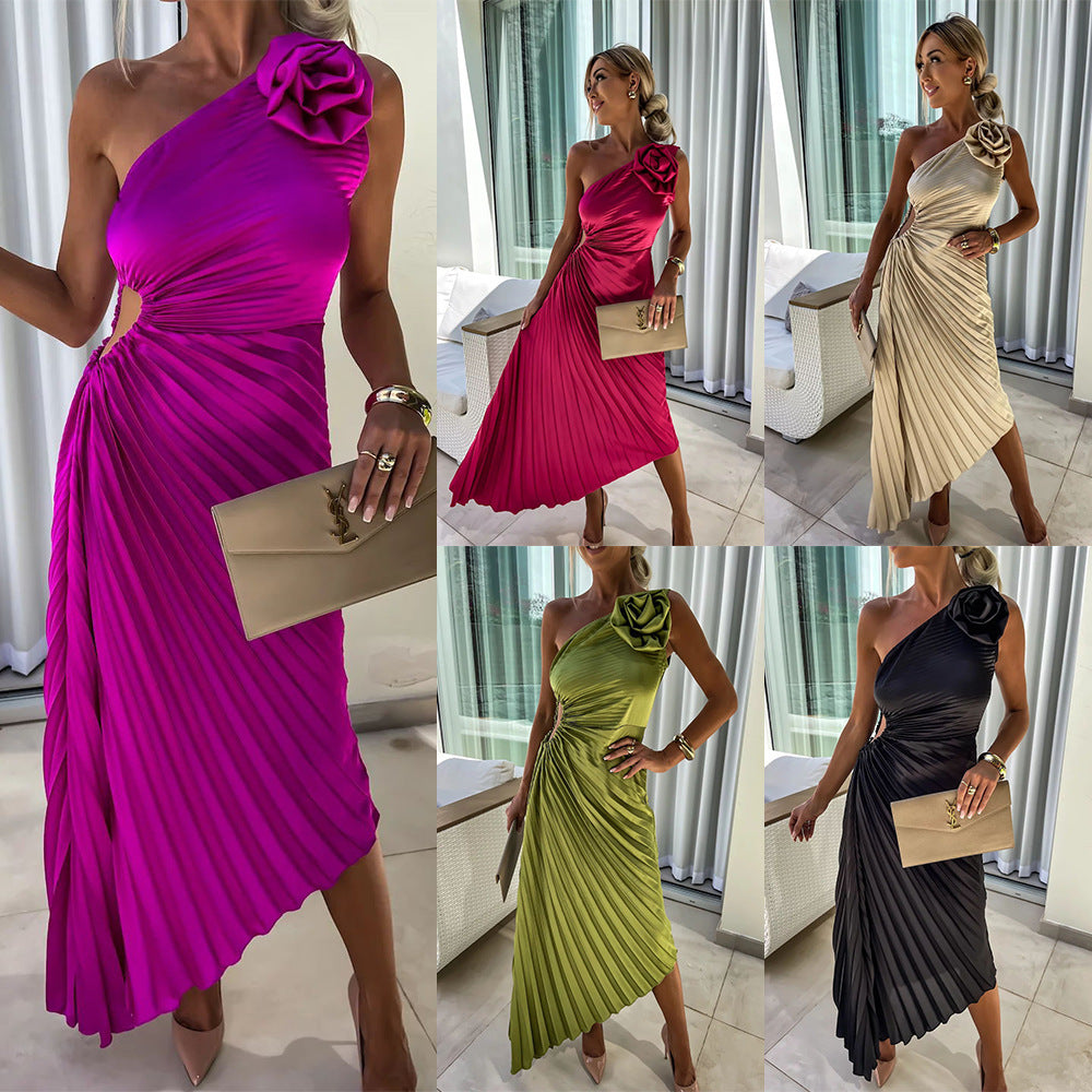 Damen One-Shoulder Plissee-Fishtail Cocktailkleid mit Blumendetail – Elegantes Partykleid für festliche Anlässe