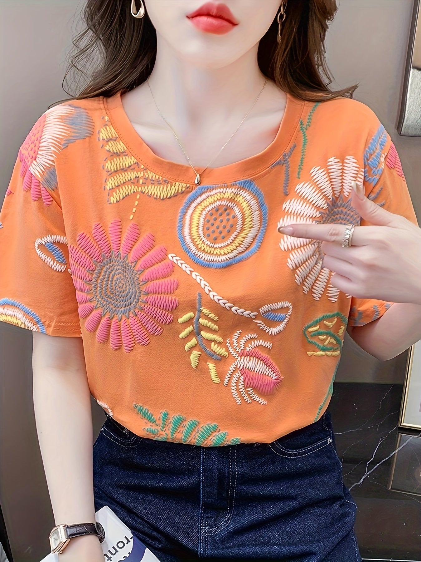 Women's Boho-Style Embroidered T-Shirt – Short Sleeve, Summer, Casual, Fashionable