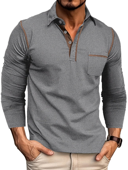 Men's long-sleeve polo shirt with chest pocket and contrast stitching