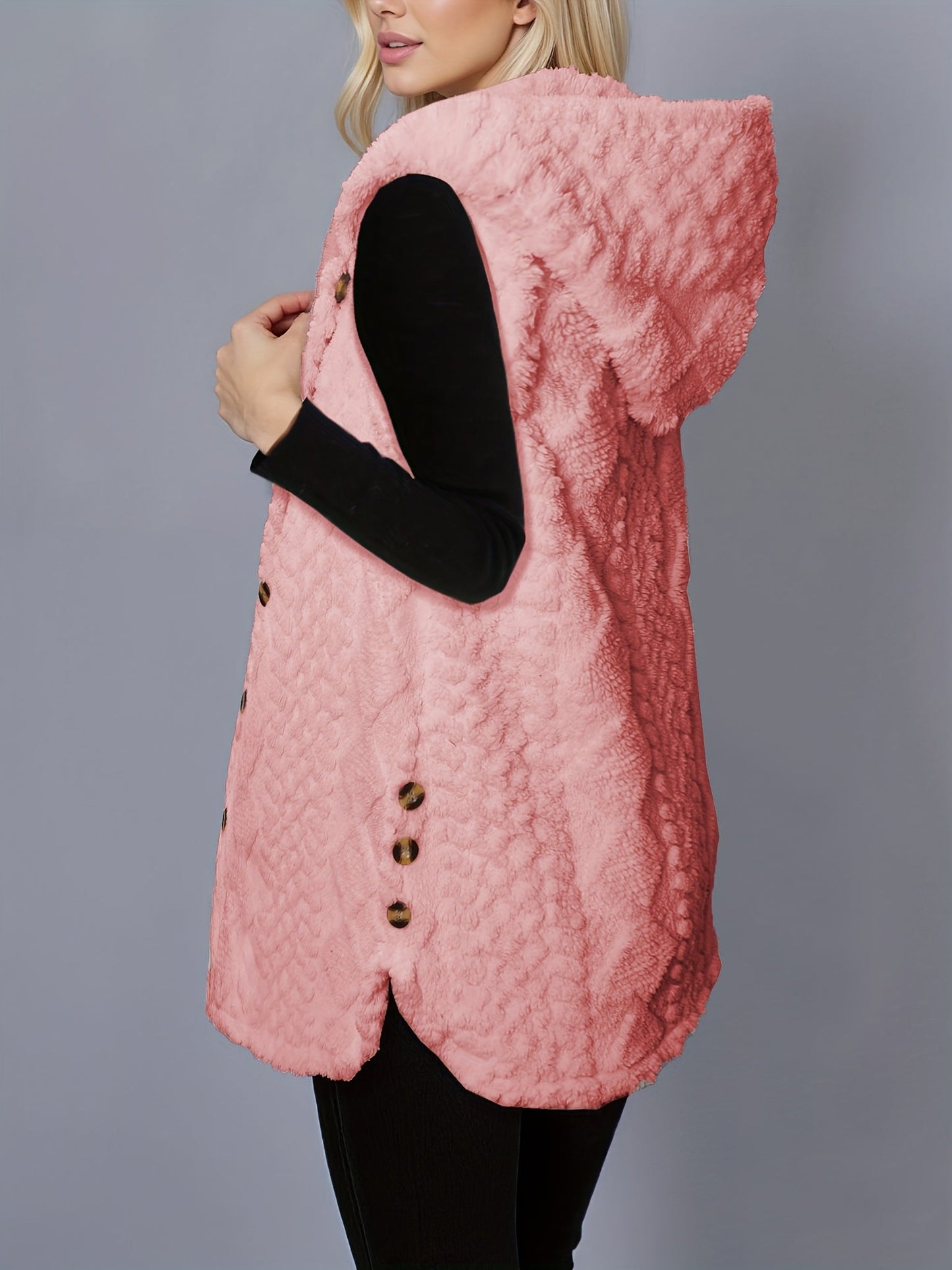 Women's long cream hooded vest with teddy-fur look and buttons